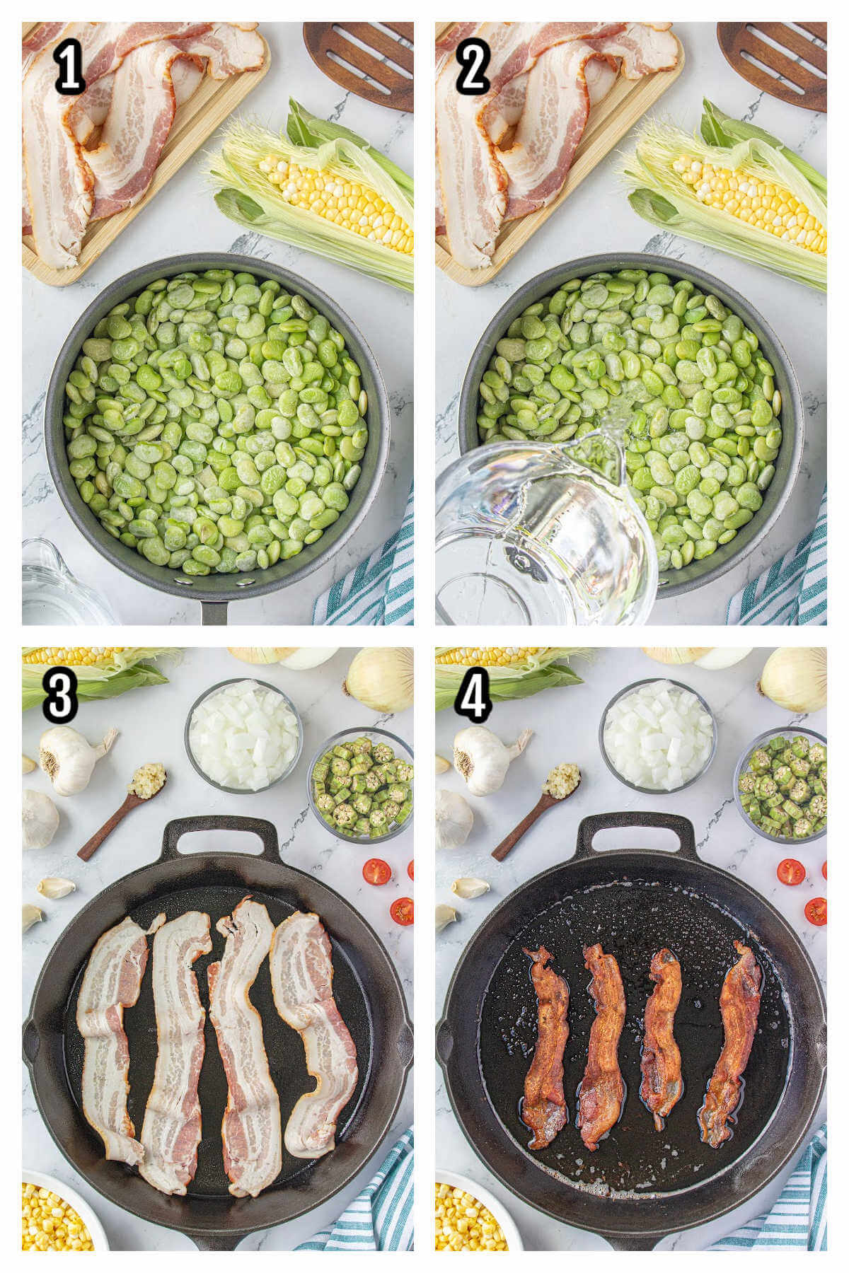 First four steps to making the combination vegetable side dish succotash. 