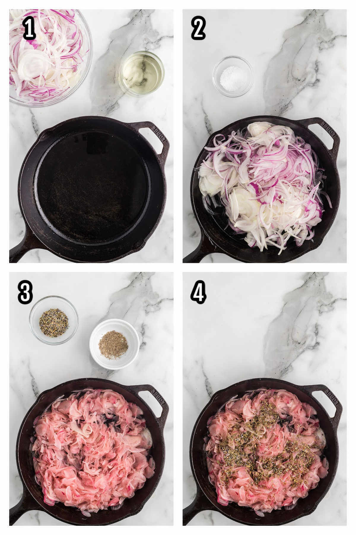 Collage of the first four steps to making pasta with caramelized onions that has the flavor of French Onion Soup. 