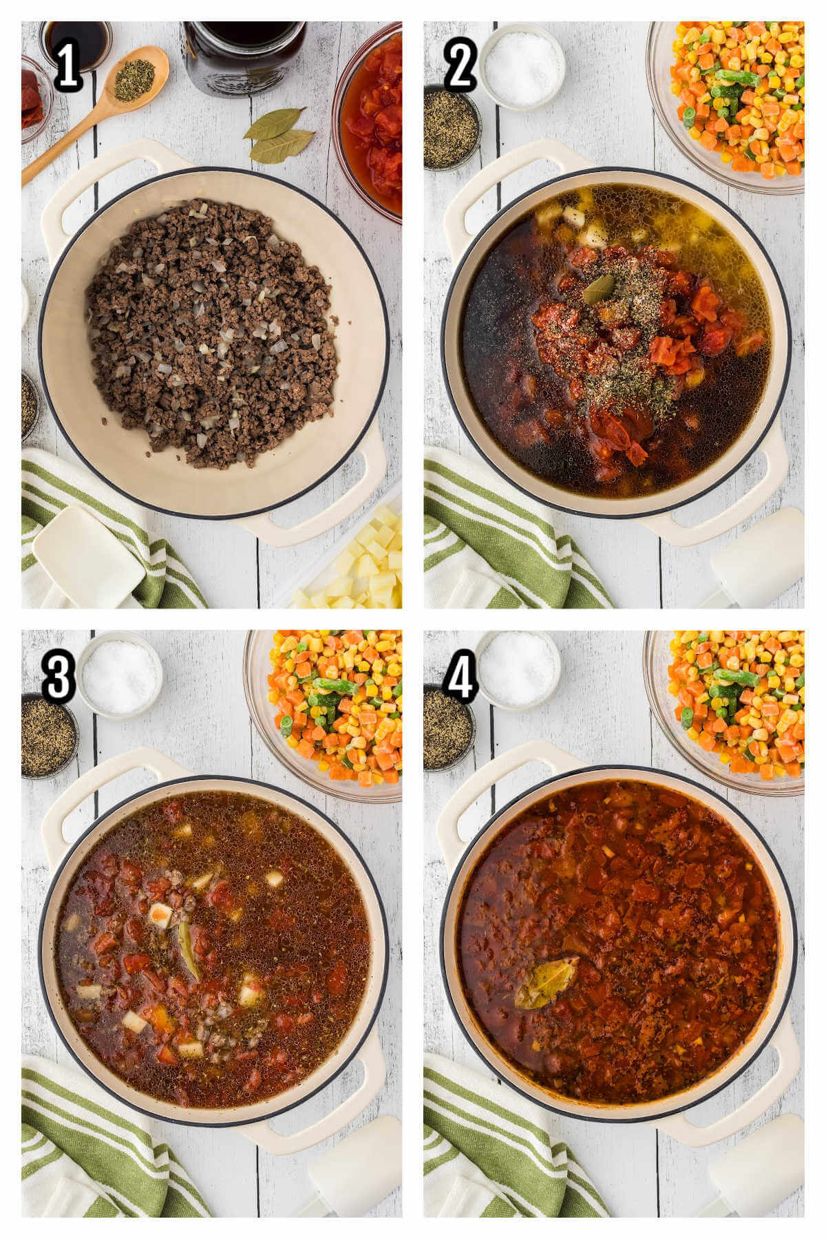 Collage of first four steps to making a vegetable ground beef soup recipe. 