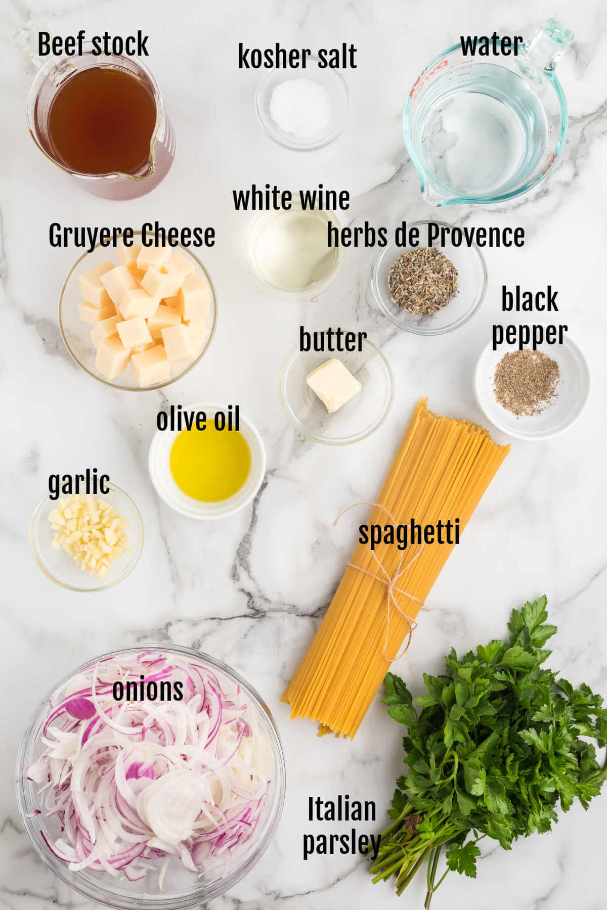 Image of the ingredients needed to make the caramelized onion pasta that resembles the taste of French Onion Soup. 