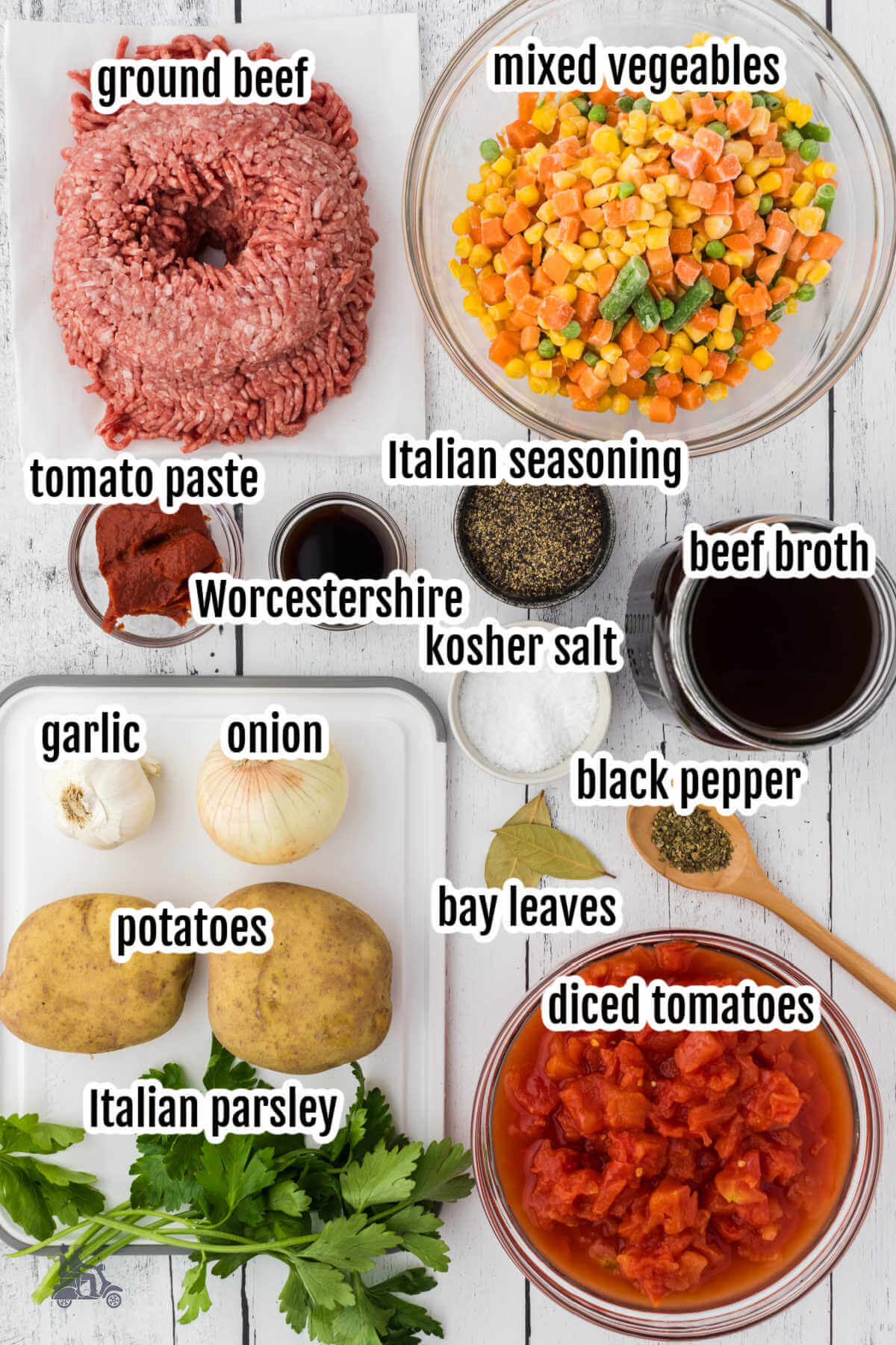 Image of ingredients needed to make homemade ground beef vegetable soup.
