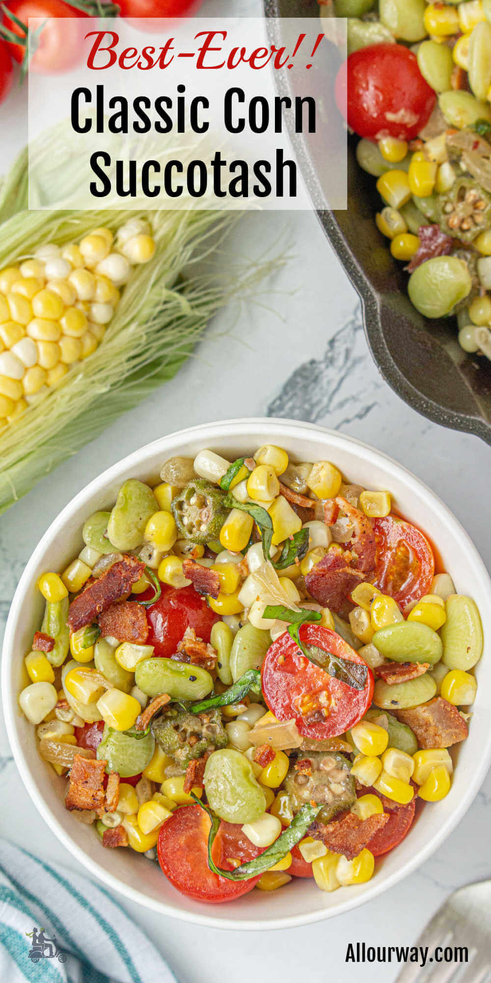Pinterest image with title overlay of classic corn succotash with bacon.