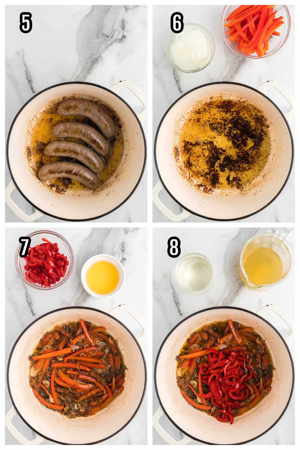 Second collage of instructions with four steps to cooking the chicken and sausage for the Italian pepper chicken. 