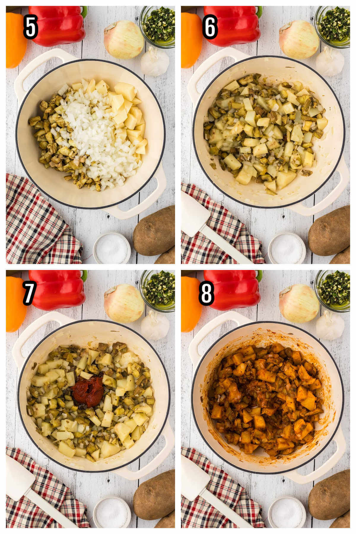 Collage of the second set of four steps to making the Italian ratatouille. 