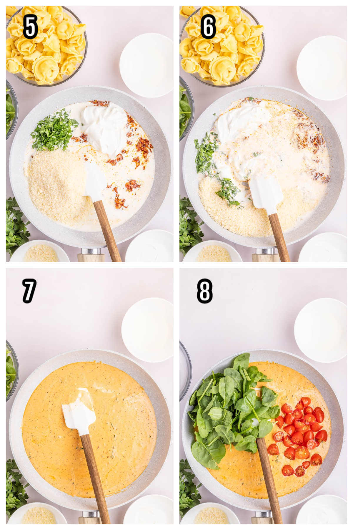 Collage of the second set of four steps to making the creamy cheese tortellini with spinach and tomatoes. 