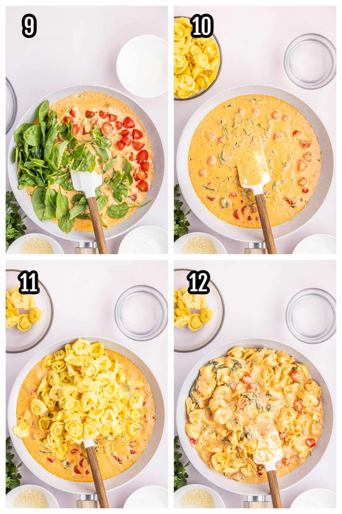 The third collage of four steps to making the one pot pasta recipe featuring tortellini. 