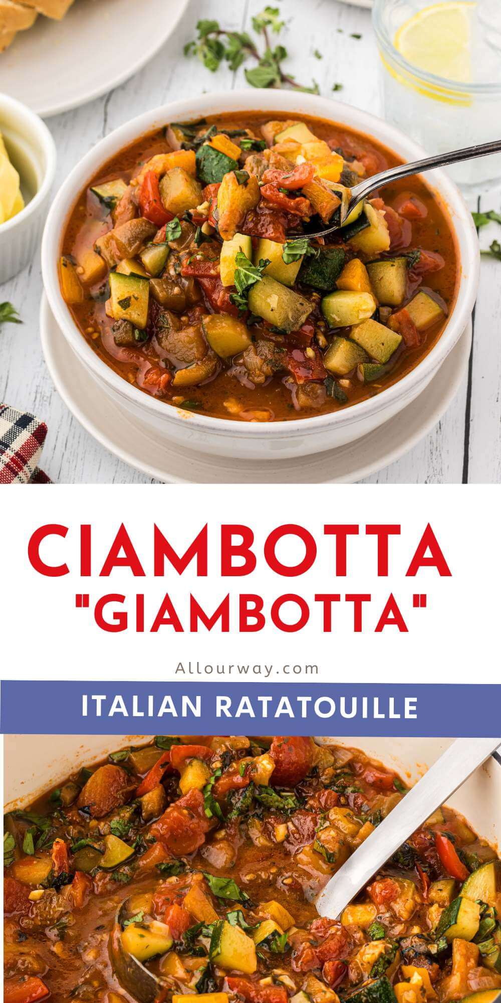 Pinterest share image with title overlay for Ciambotta the Italian version of Ratatouille.