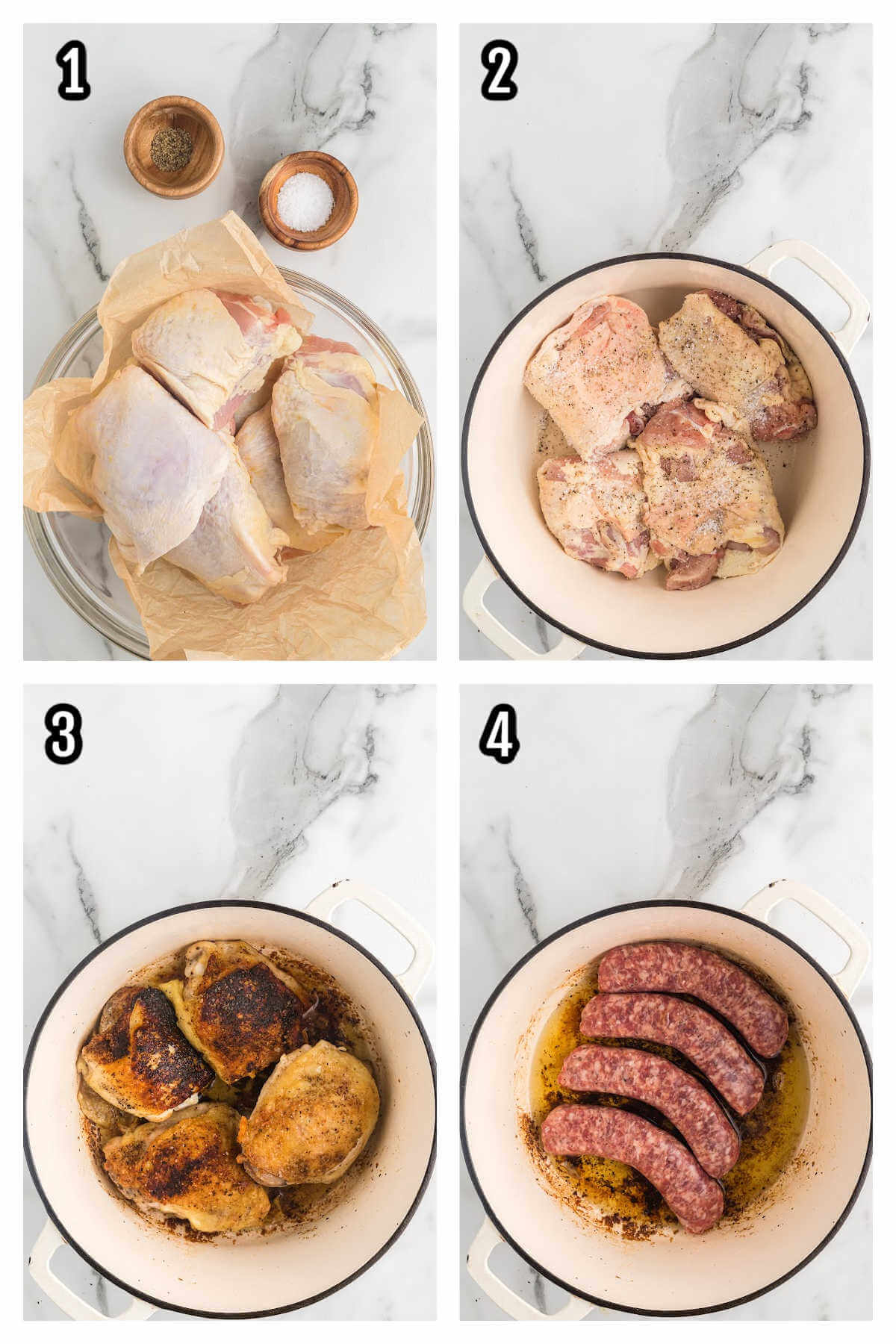 Collage of first four steps to making the braised chicken with peppers and onion. 