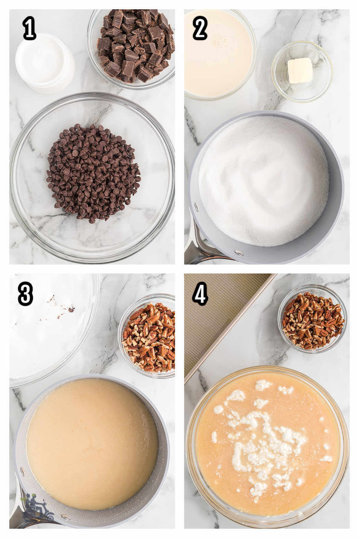 Collage of first four steps to making the Maime Eisenhower Million Dollar Fudge recipe. 