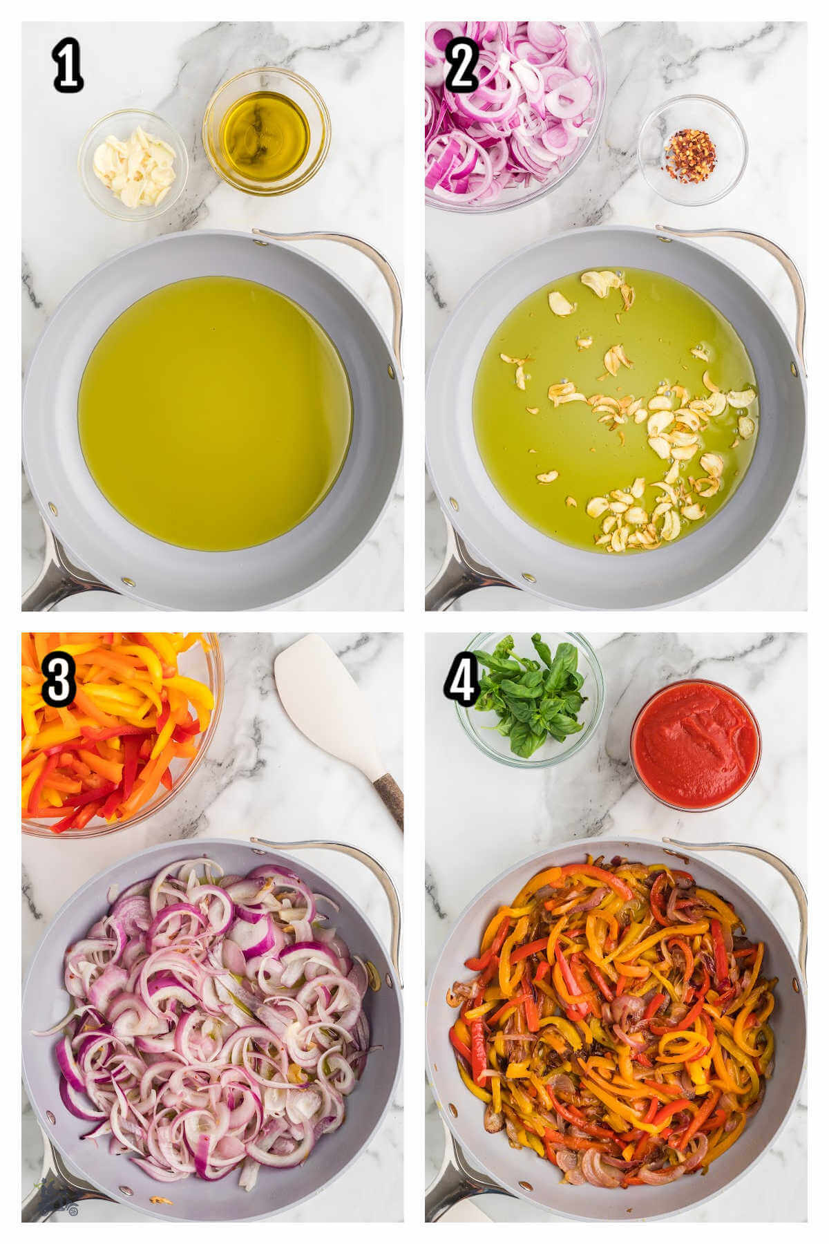 Collage of the first four steps to making the Peperonata recipe. 
