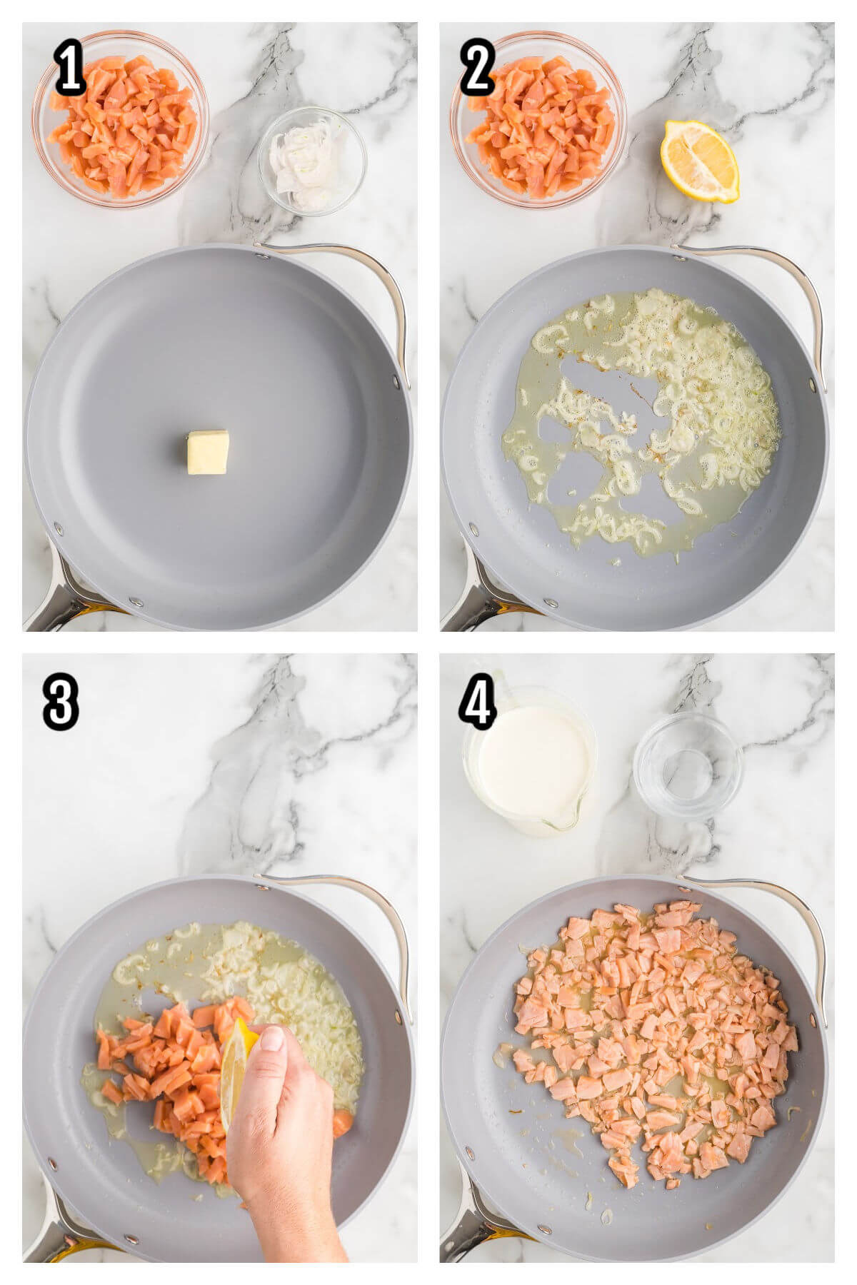 Collage of the first four steps to making the pasta with creamy salmon recipe. 