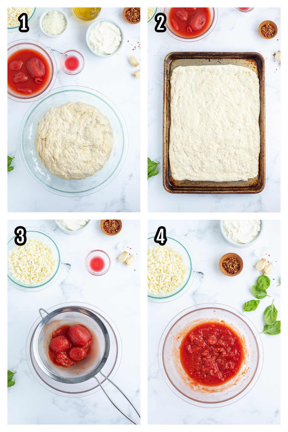 Collage of the first four steps to making a pizza out of focaccia dough. 