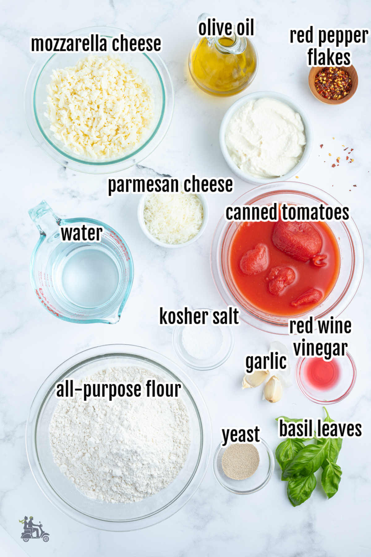 Image of the ingredients needed to making a focaccia into a pizza. 