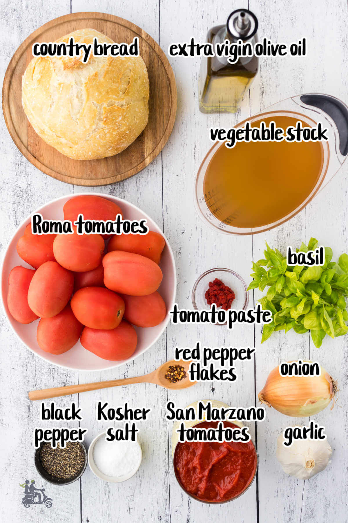 Image of the ingredients needed to make pappa al pomodoro recipe. 