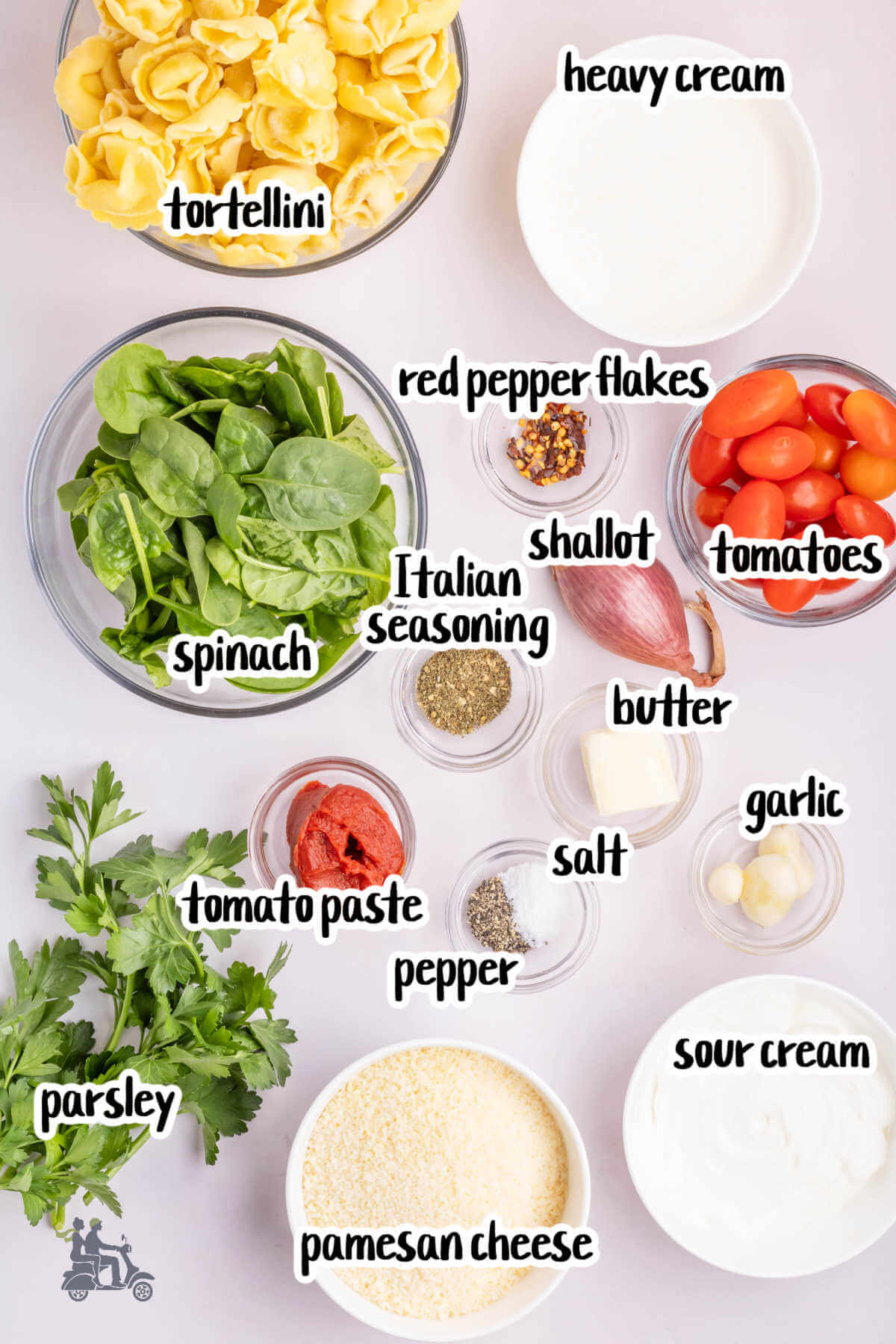 Image of the ingredients necessary to make the one-pot tortellini recipe. 