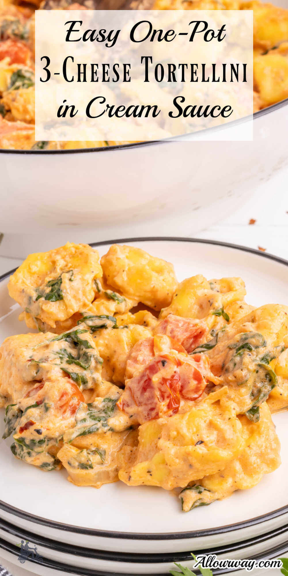Pinterest image with title overlay of easy, creamy three cheese tortellini in one pot recipe.