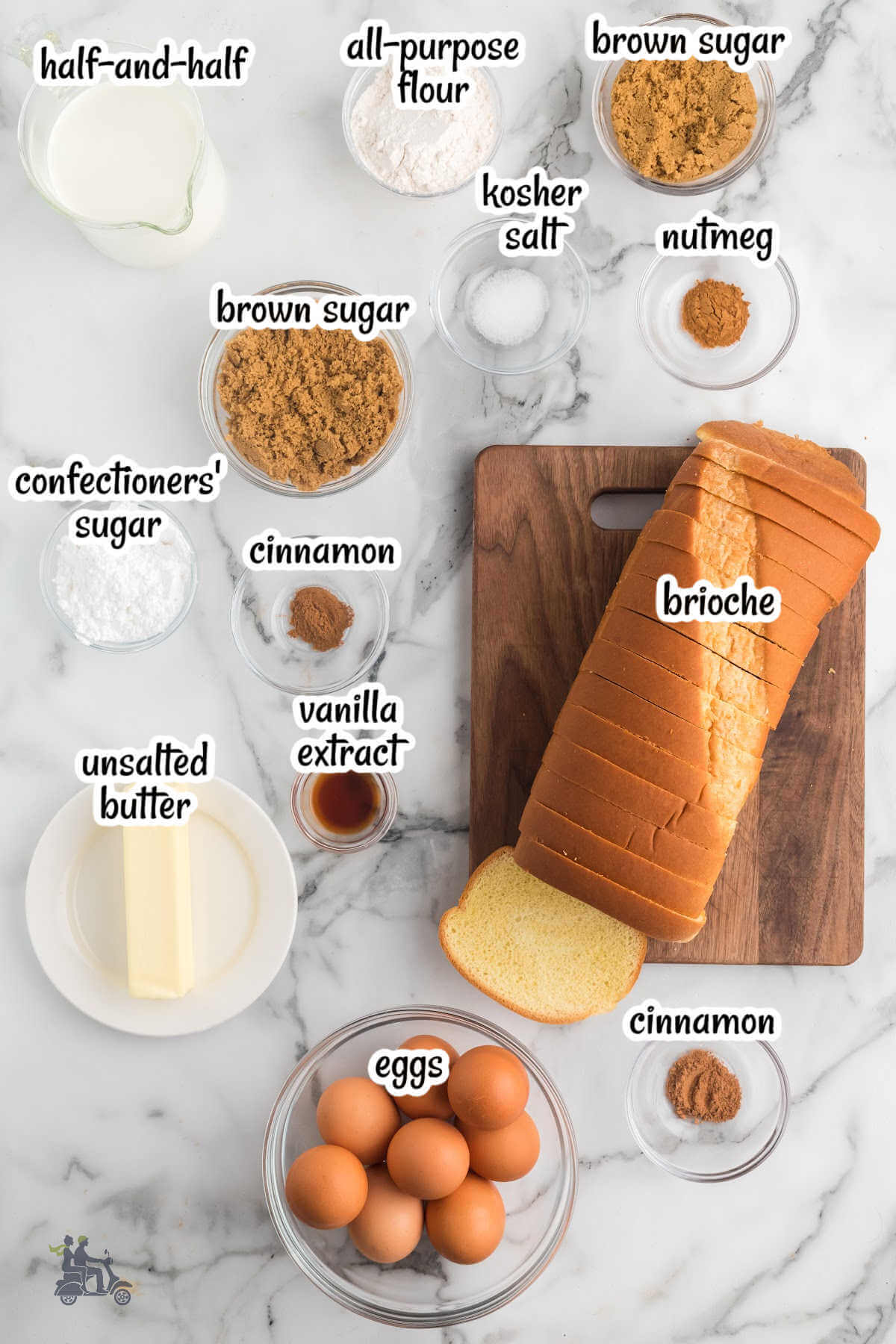 Image of the ingredients needed to create the best brioche French toast casserole recipe. 