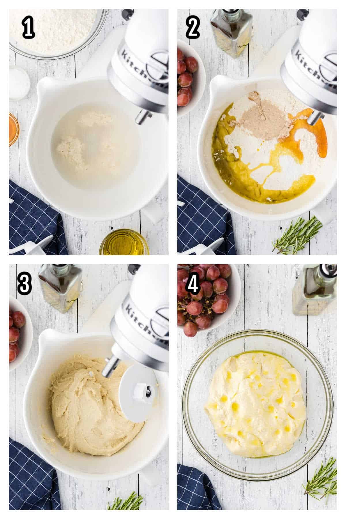 Collage of first four steps to assembling the sourdough focaccia. 