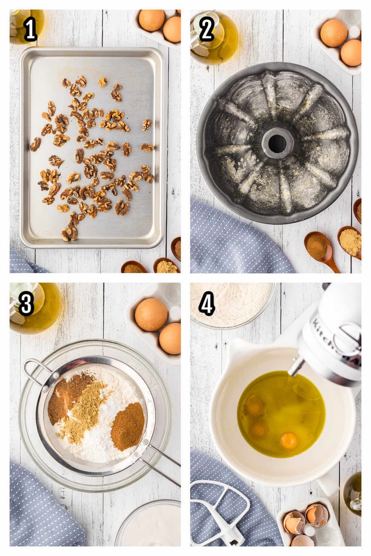 Collage featuring the first four steps to mixing the ingredients for the zucchini spice cake with lemon glaze. 