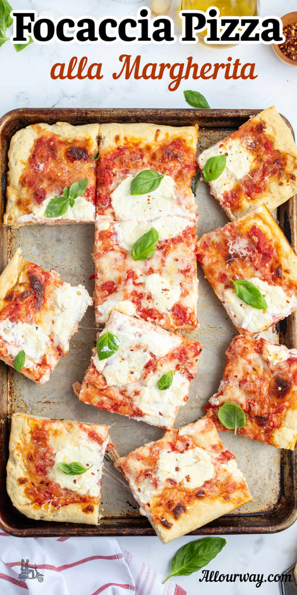 Pinterest image with title overlay of Focaccia Pizza alla Margherita.