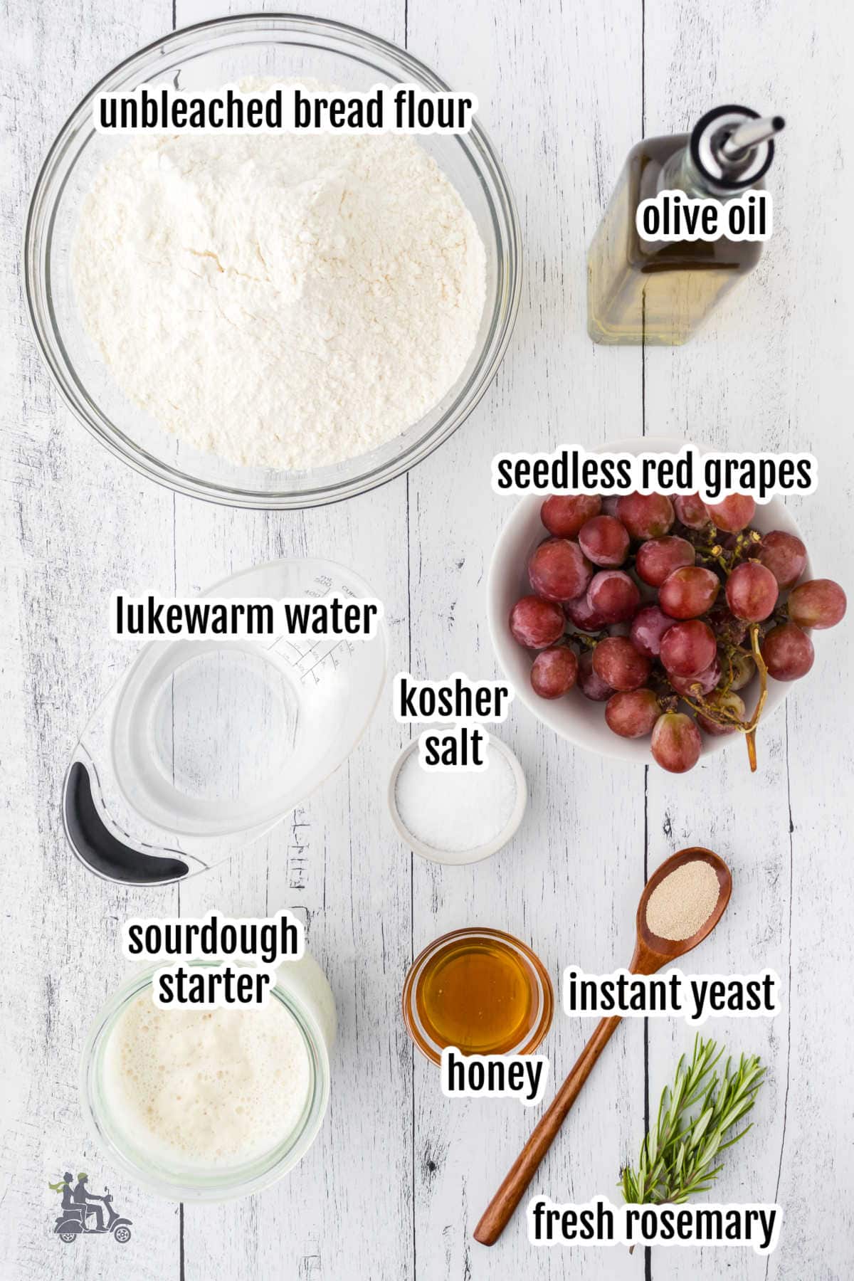 Image of the ingredients needed to make sourdough focaccia with seedless grapes and fresh rosemary. 