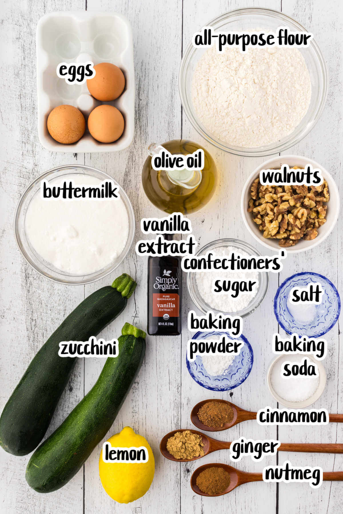 Image of the ingredients needed to make the Lemon Zucchini Cake with Olive oil. 
