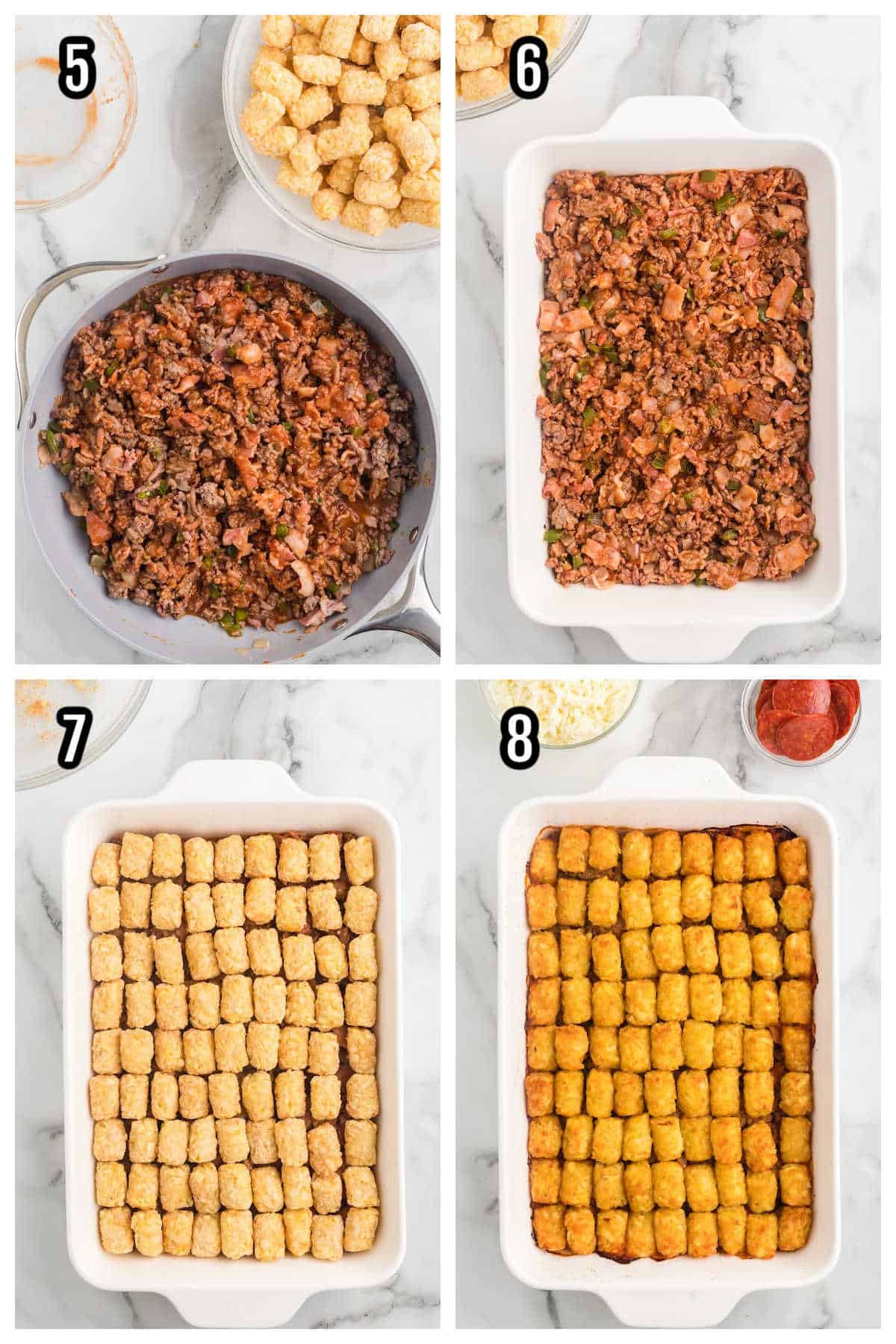 Second collage for making the step by step instructions for a pizza made with tater tots. 