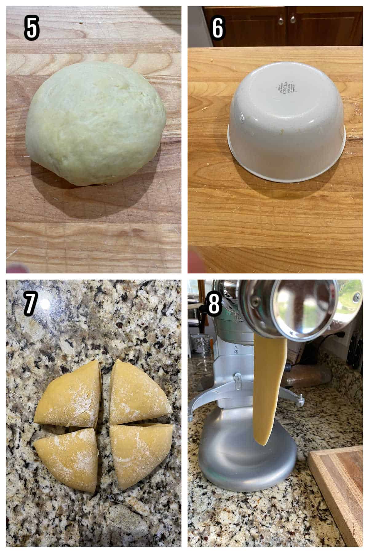 Collage of steps five through eight for making the pasta dough for ravioli. 