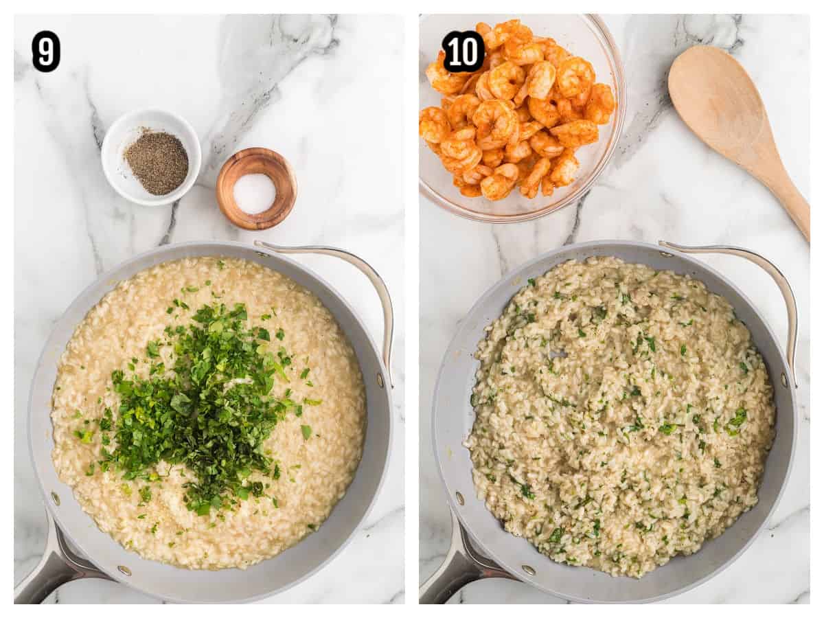 Collage of steps nine and ten to cooking the shrimp risotto with herbs and white wine. 