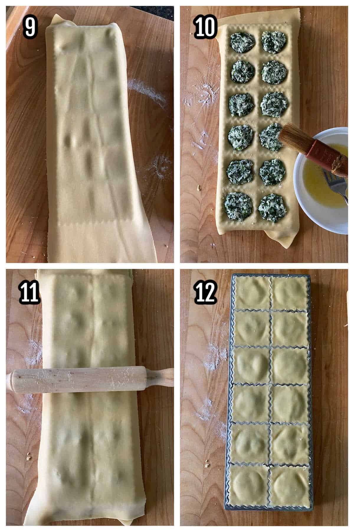 Collage of the steps nine through twelve to finishing the homemade spinach ricotta ravioli. 