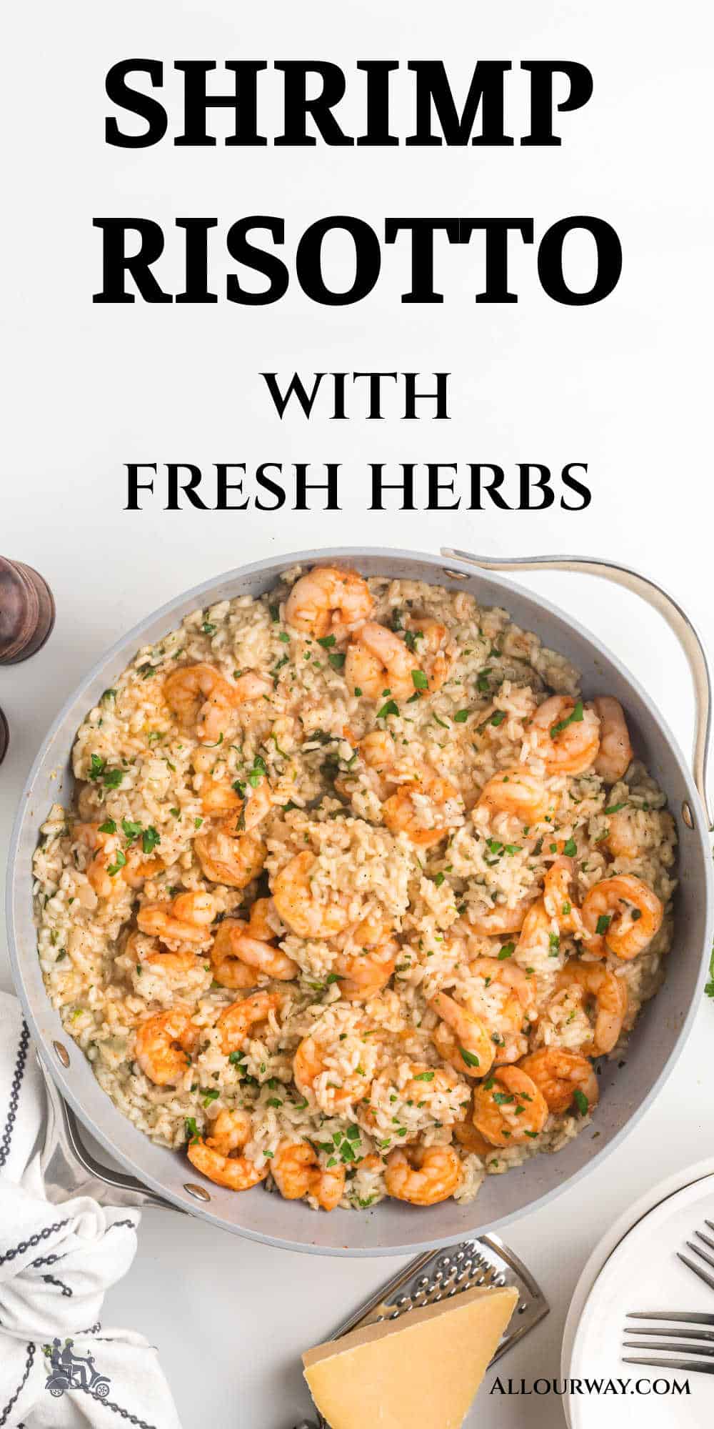 Pinterest image with title overlay for Shrimp risotto with fresh herbs.