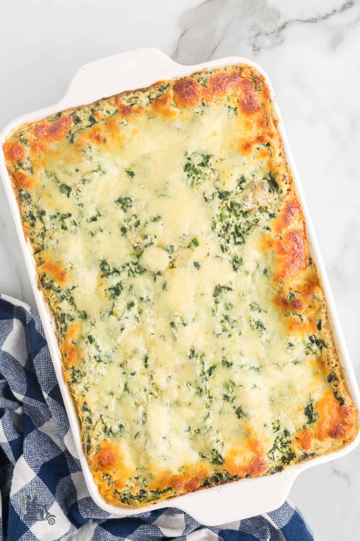 The White Chicken Lasagna with Cheese, Spinach, and Artichokes topped with mozzarella cheese and baked. 