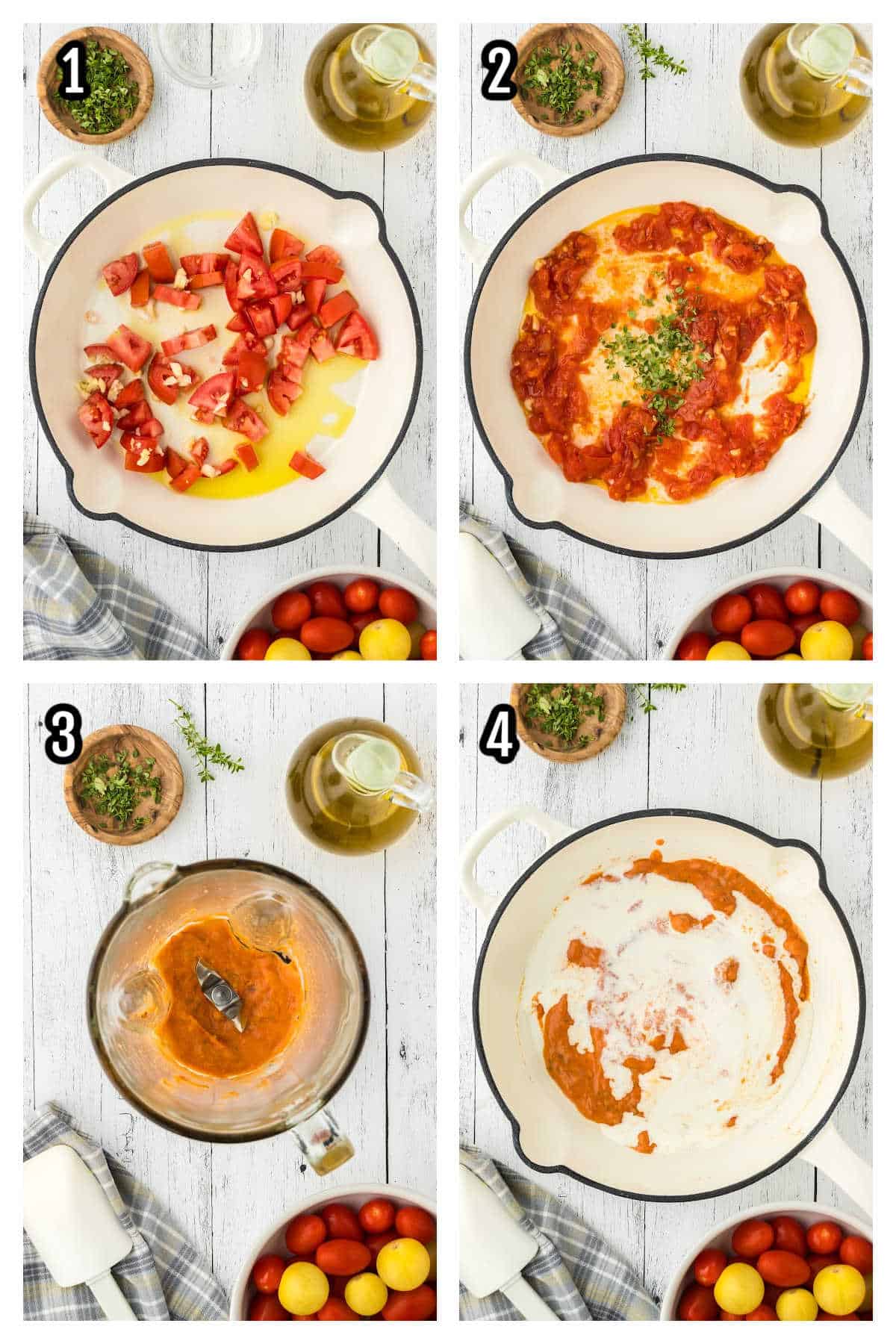 Collage of the first four steps to making the Creamy tomato sauce. 