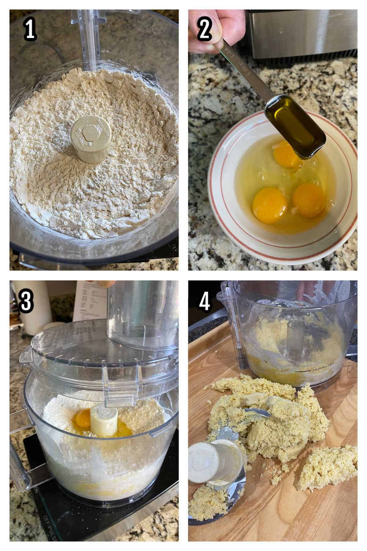 Collage of the first four steps for making the homemade pasta dough.