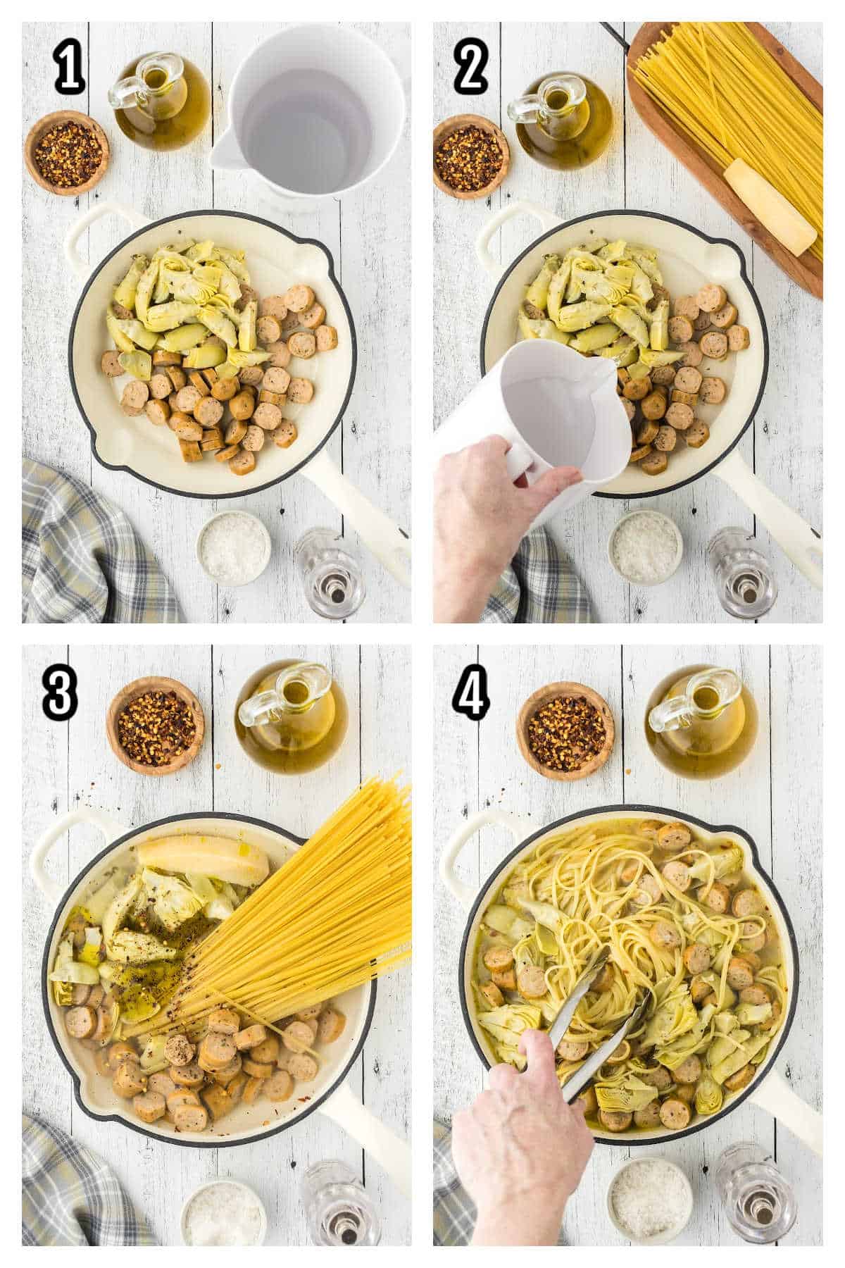 Collage of the first four steps to making the one-pot recipe for chicken spaghetti with vegetables. 