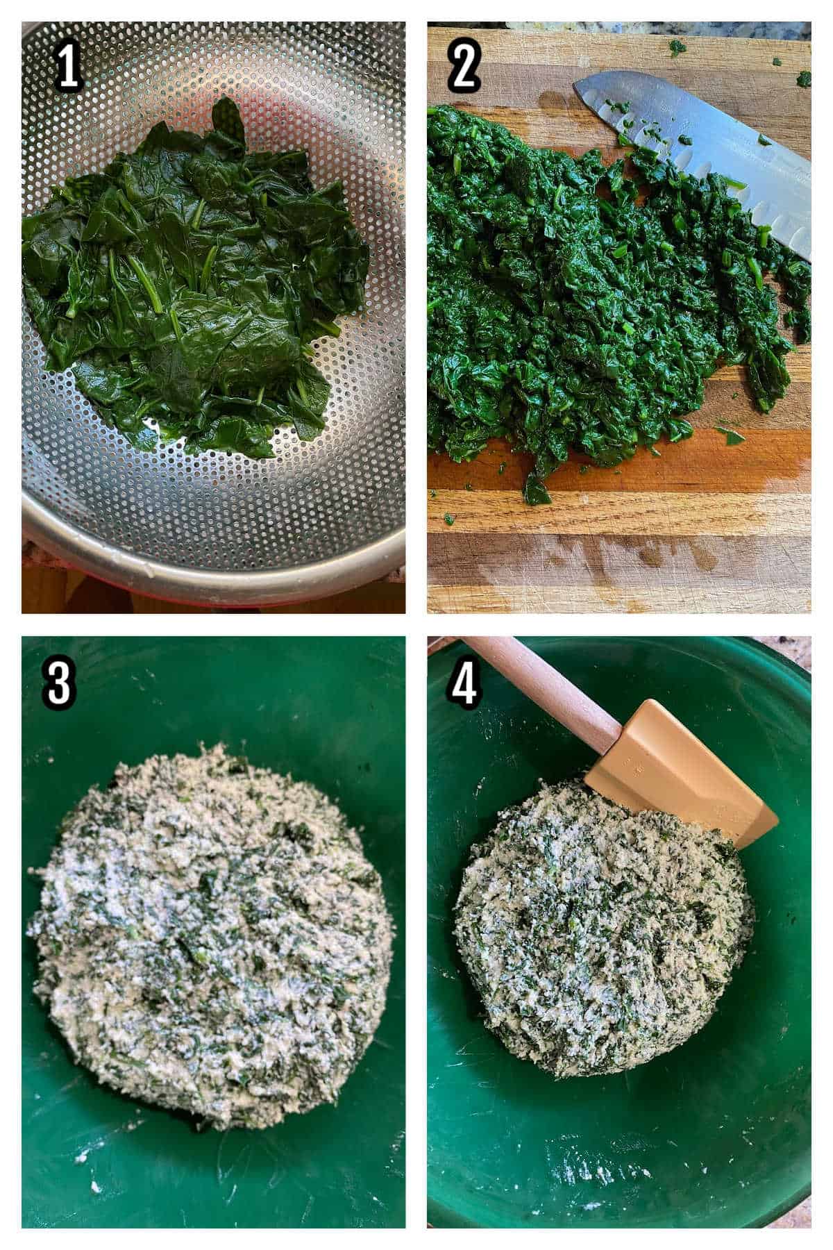 The four steps to making the ricotta spinach filling for the homemade ravioli. 