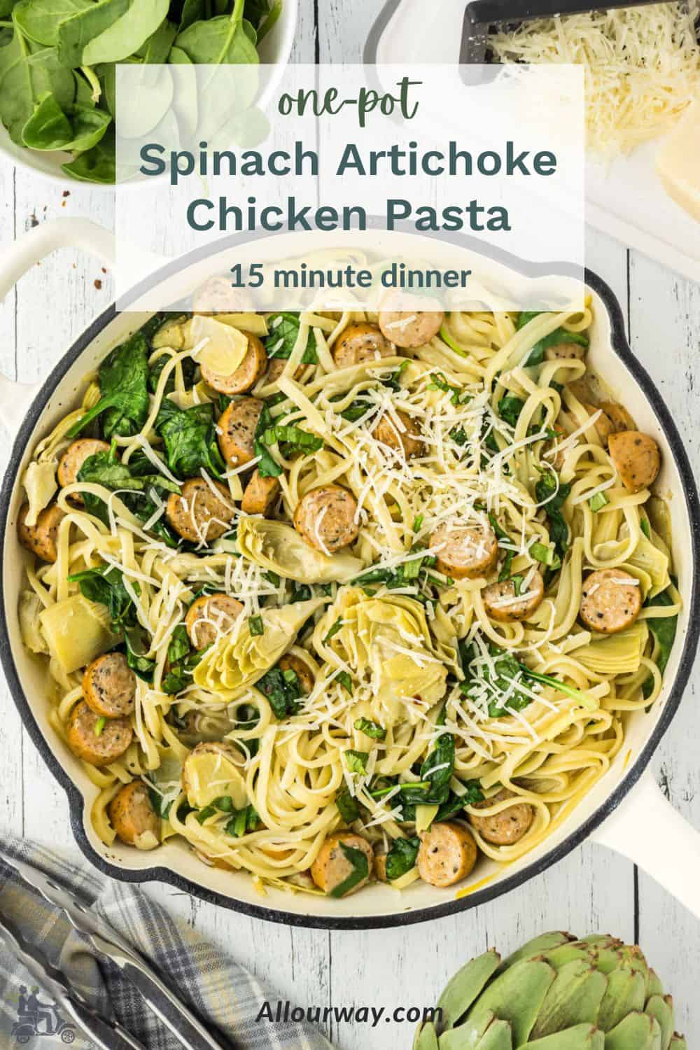 One pot chicken spaghetti made with spinach and artichoke hearts.