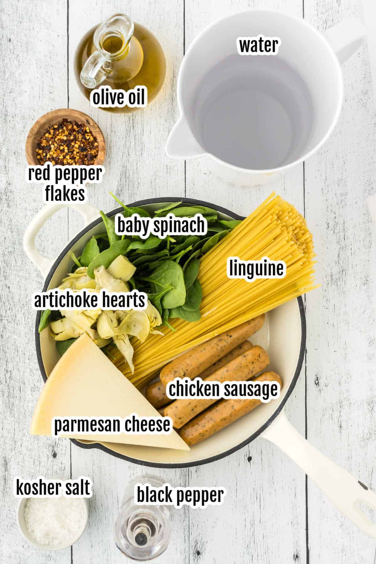Image of the ingredients needed to make the one-pot spinach artichoke chicken spaghetti recipe. 