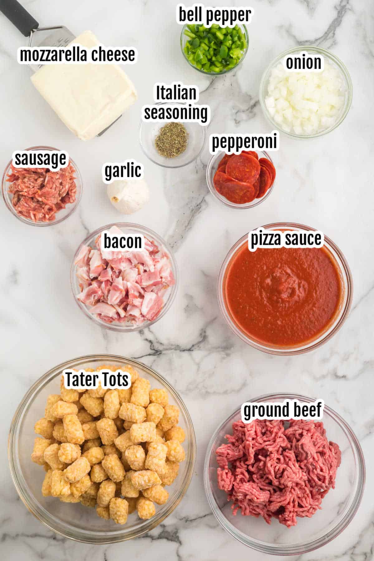 Image of the ingredients needed to make the meaty Tater Tot Pizza Recipe. 