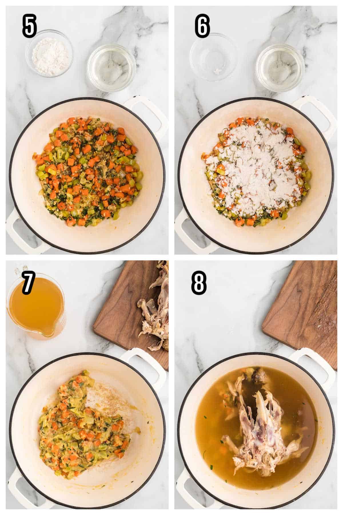 Second collage with steps five through eight to making the creamy chicken pot pie soup recipe. 