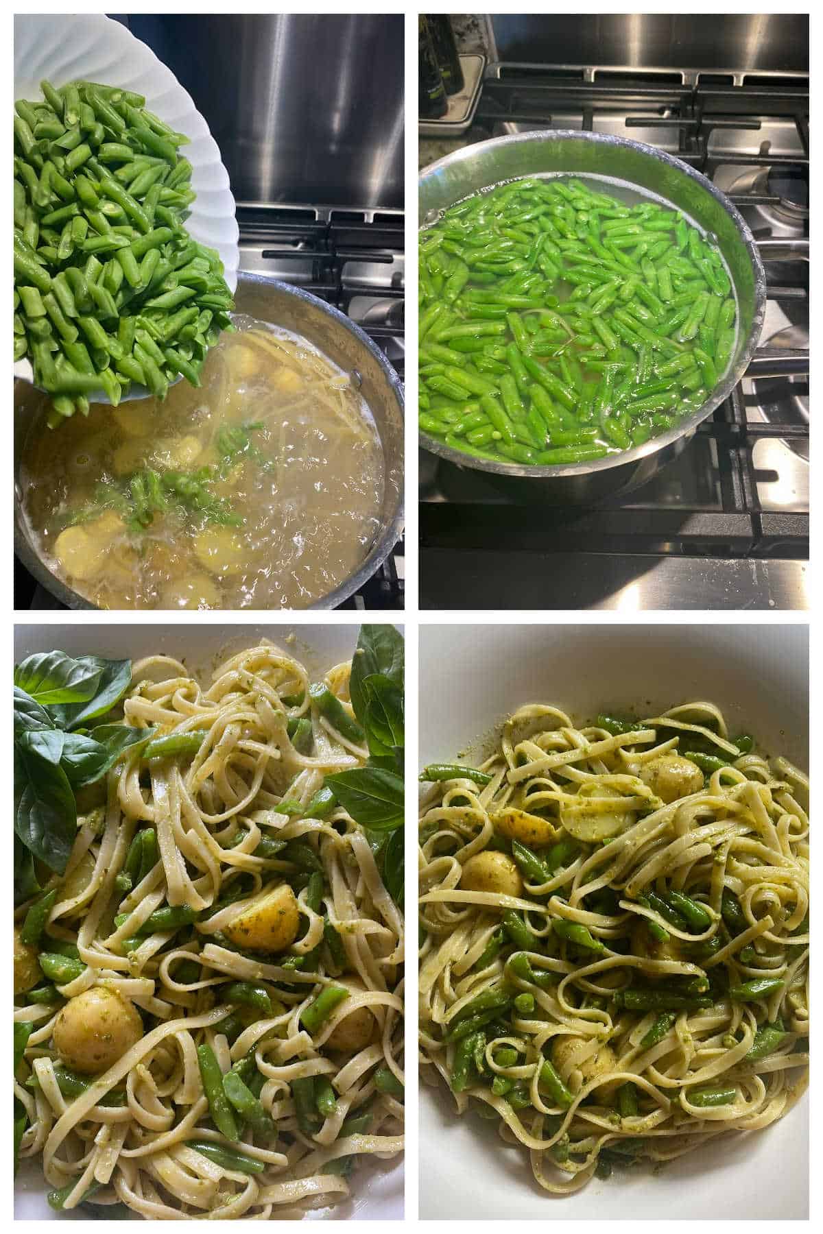 Third collage of the steps to making the Trenette Pasta al pesto with green beans and potatoes. 