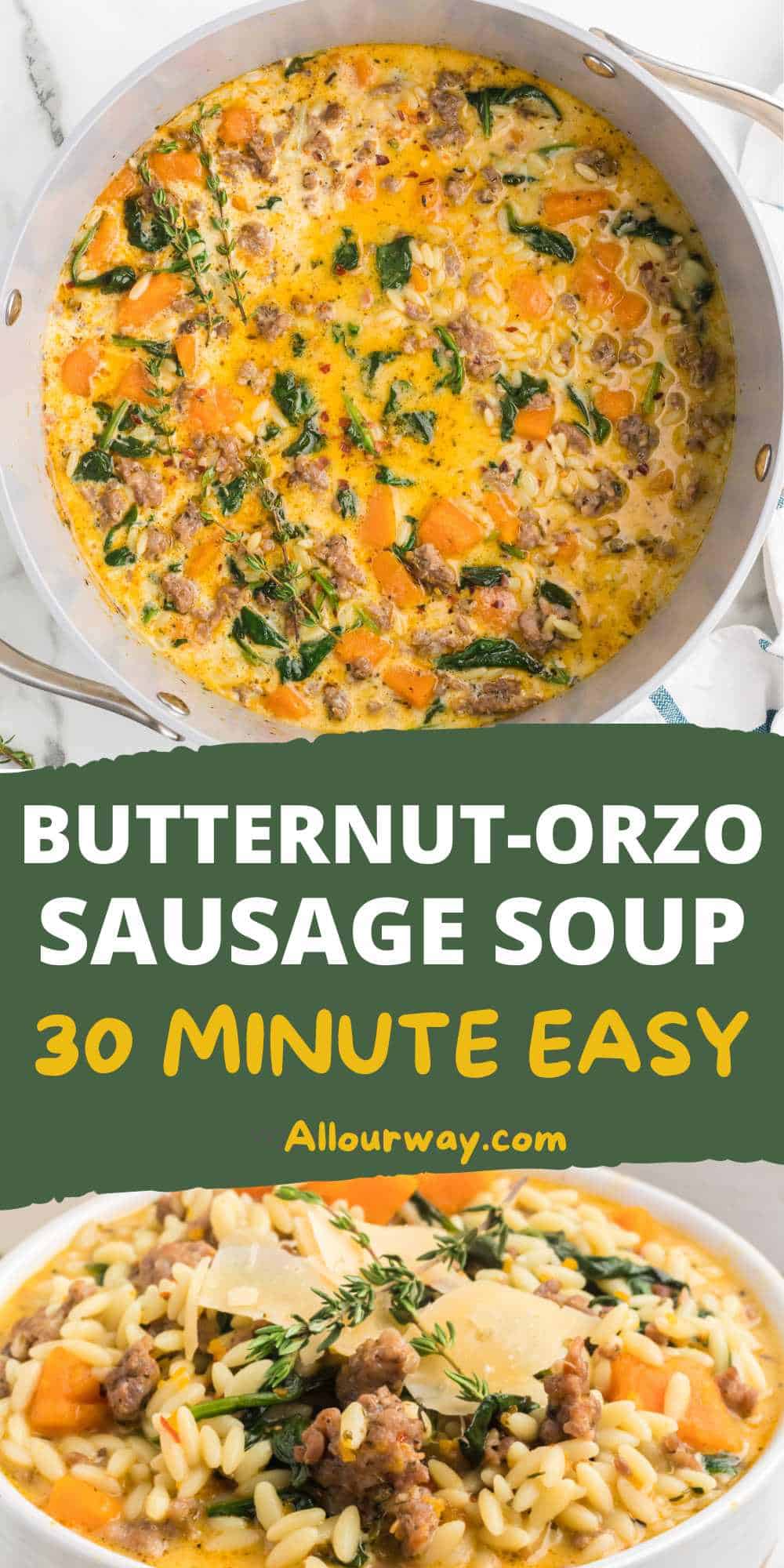 Pinterest collage with title overlay for Butternut Orzo Sausage Soup recipe.
