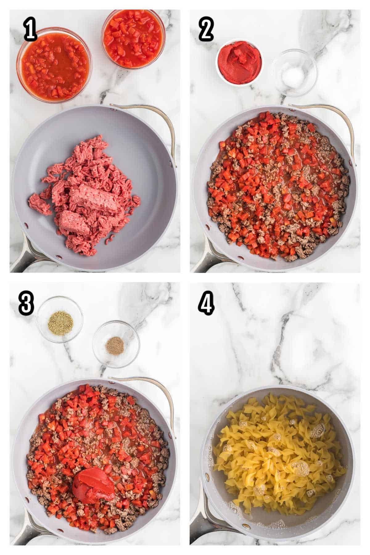 Collage of the first four steps to preparing the ground beef and egg noodle casserole for baking. 