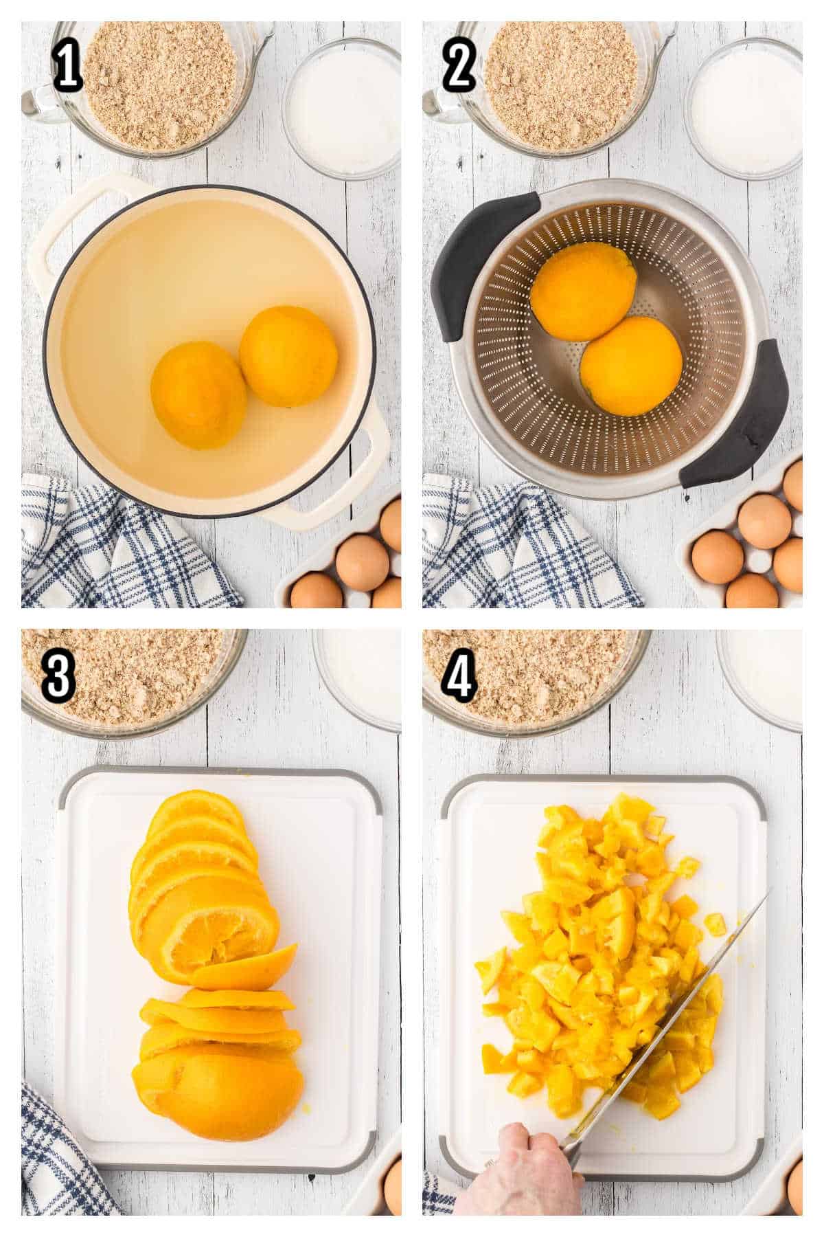Collage of the first four steps to preparing the fresh oranges for the orange almond dessert cake. 
