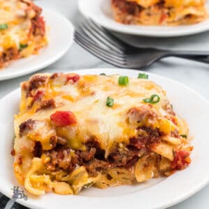 A square serving of the family's favorite creamy beef casserole with egg noodles and three cheeses.