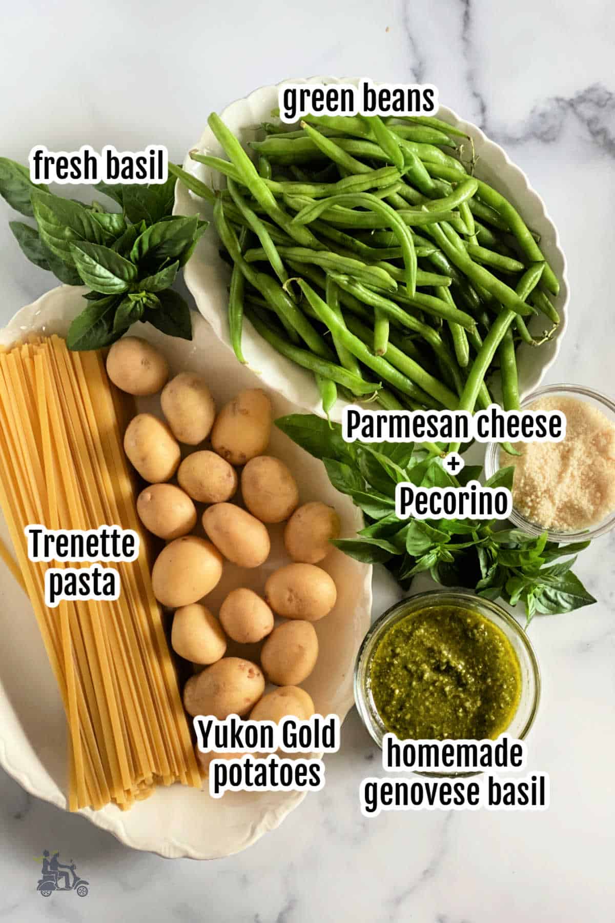 Image of the ingredients needed to make the Ligurian Trenette al pesto dish. 