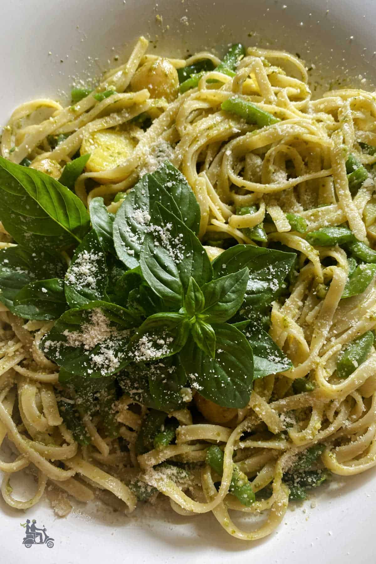 Trenette pasta cooked Ligurian style with green beans and potatoes and a basil pesto sauce. 