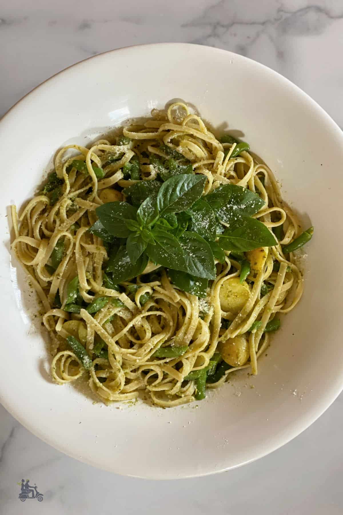 A white bowl filled with Trenette Pasta, green beans, and potatoes in a Genovese basil pesto sauce. 