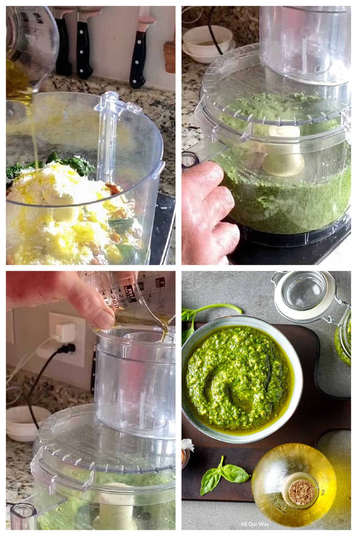 Collage on how to make basil pesto with a food processor. 