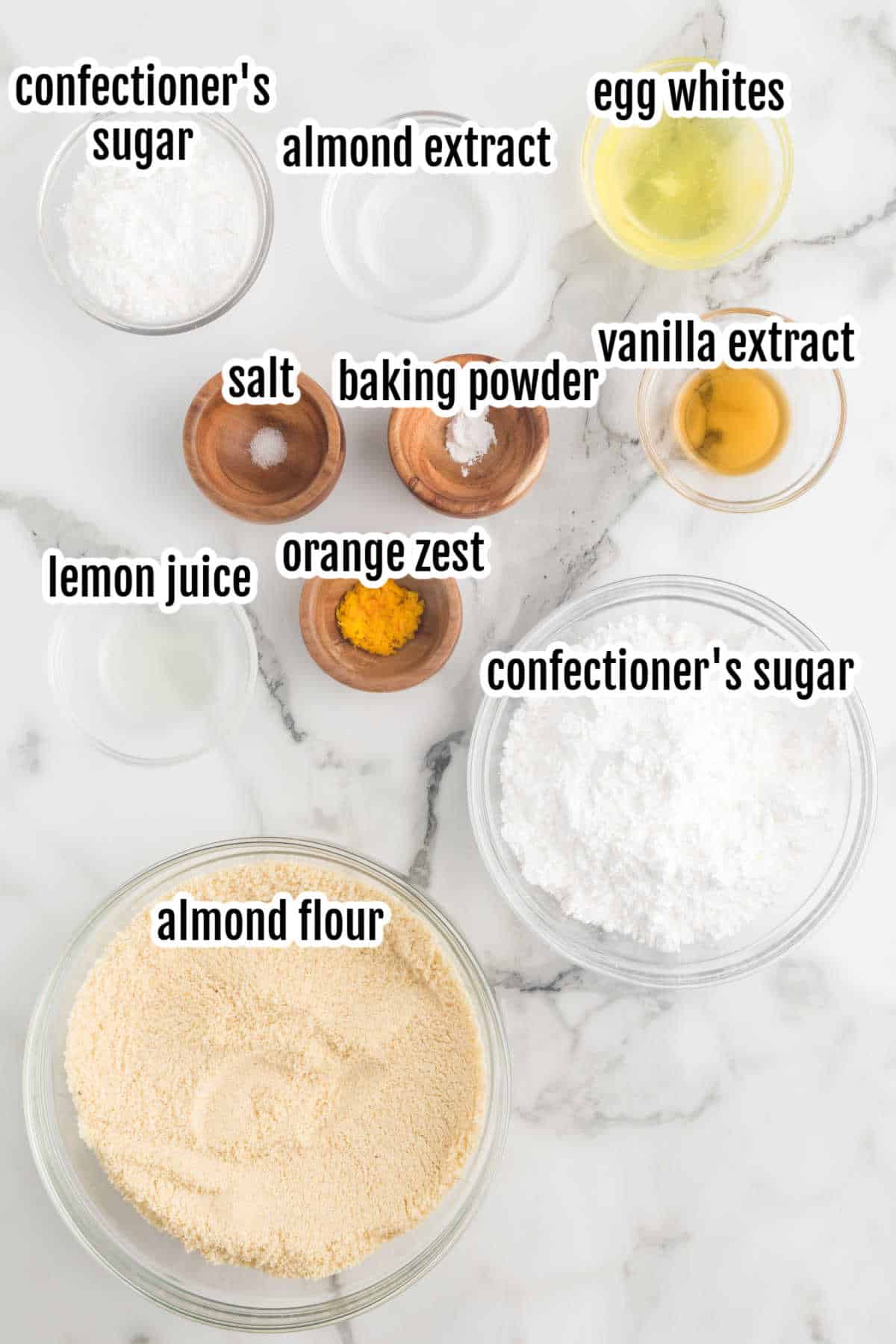 Image of the ingredients needed to make the Italian almond-flavored cookies Ricciarelli. 